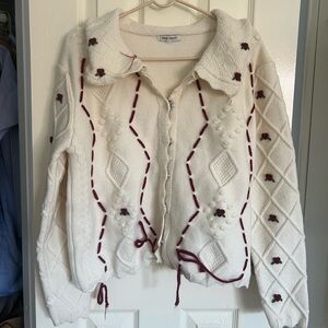 Cream Knit Cardigan with Red Accents